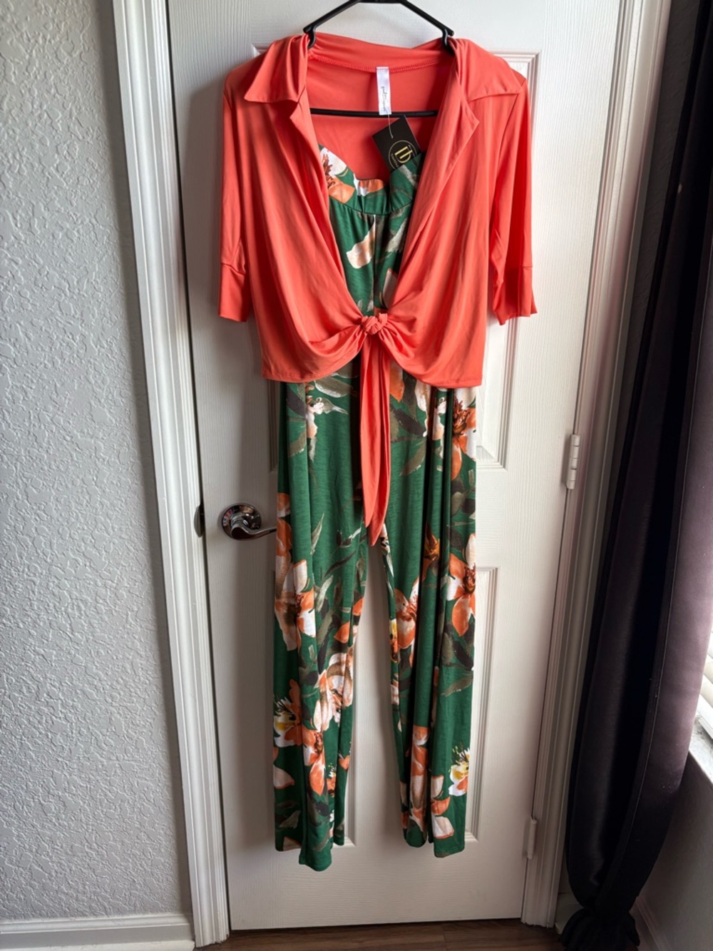 Coral Tie-Front Top with Green Floral Pant Set